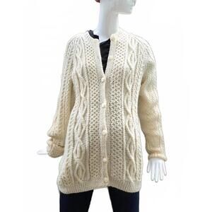 😀Hand Made Chunky Cable Knit Cardigan Antique Pearl Wool Cotton Blend Lg